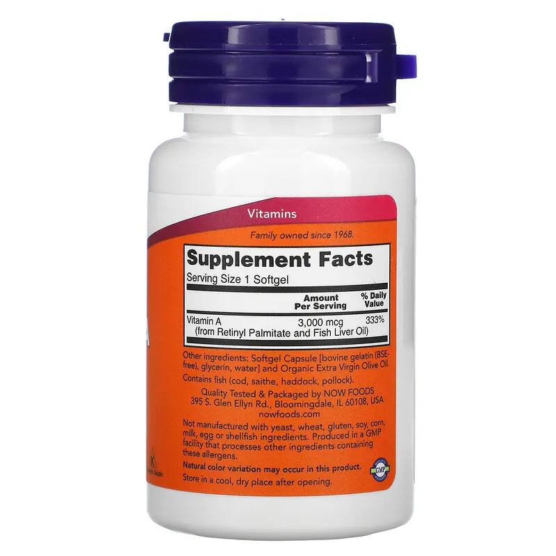 NOW Supplements, Vitamin A (Fish Liver Oil) 10,000 IU, Essential Nutrition, 100 Softgels