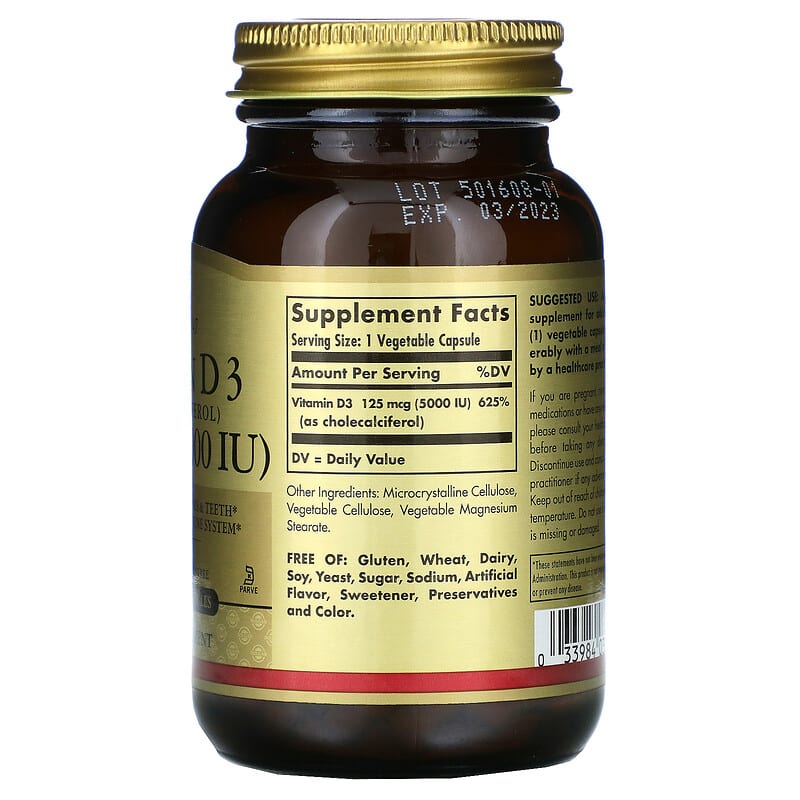 Vitamin D3 (Cholecalciferol), 125 mcg (5000 IU), 120 Vegetable Capsules