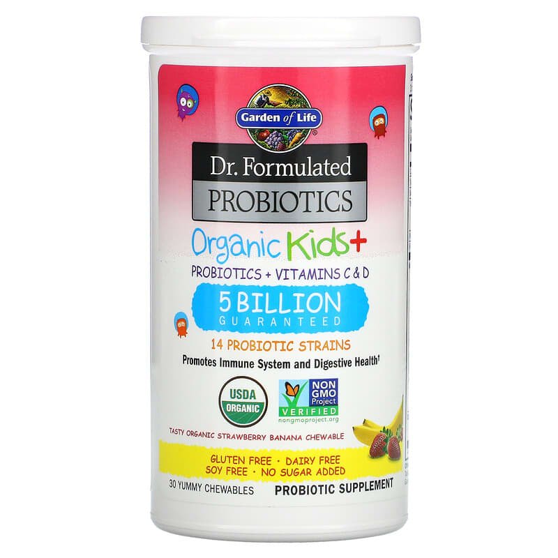 Dr. Formulated Probiotics, Organic Kids +, Tasty Organic Strawberry Banana, 30 Yummy Chewables