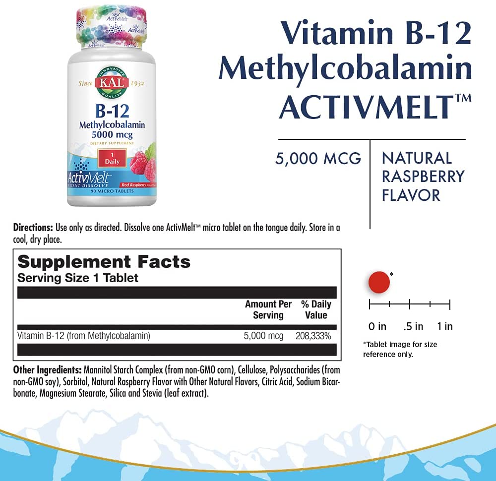 5000 Mcg Ultra B-12 Methylcobalamin Tablets, Raspberry, 90 Count