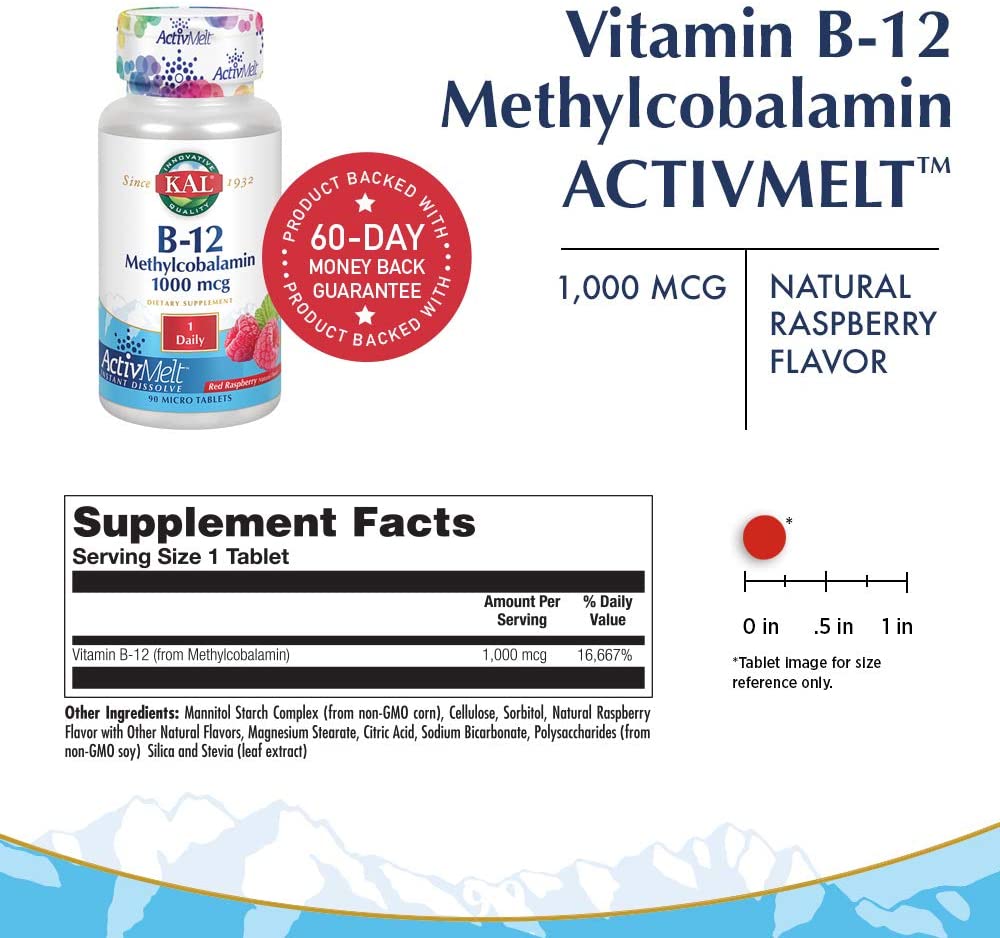 B-12 Methylcobalamin Active Melt Raspberry Tablets, 1000 mcg, 90 Count