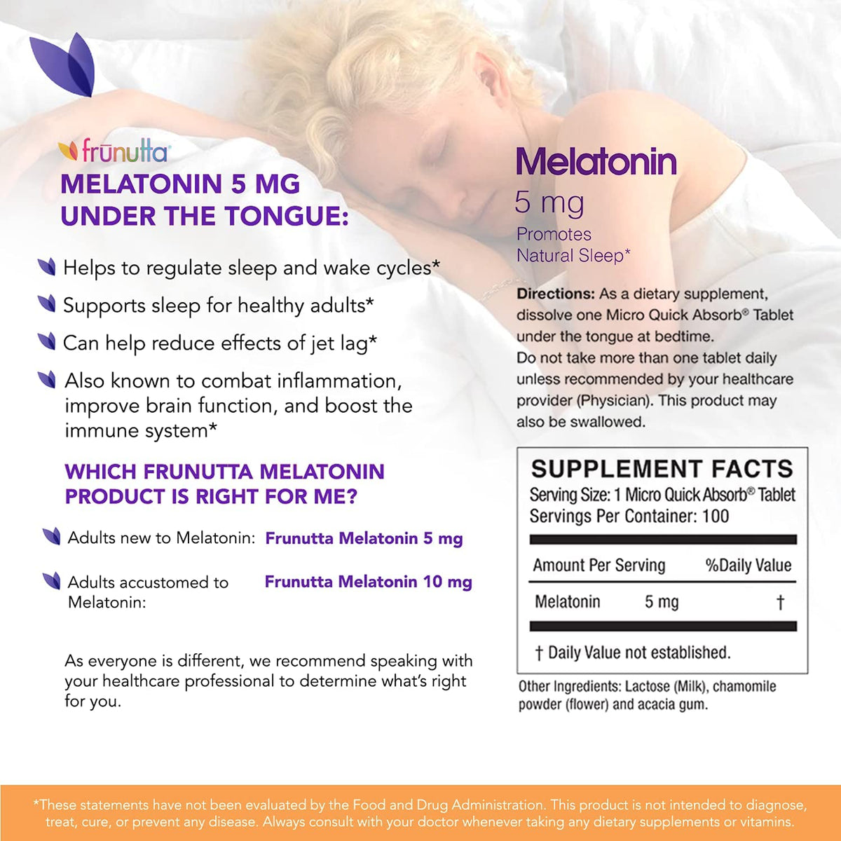 Melatonin 5mg Dissolvable Tablets by Frunutta - Under The Tongue Instant Dissolve Dietary Supplement - 100 Tablets