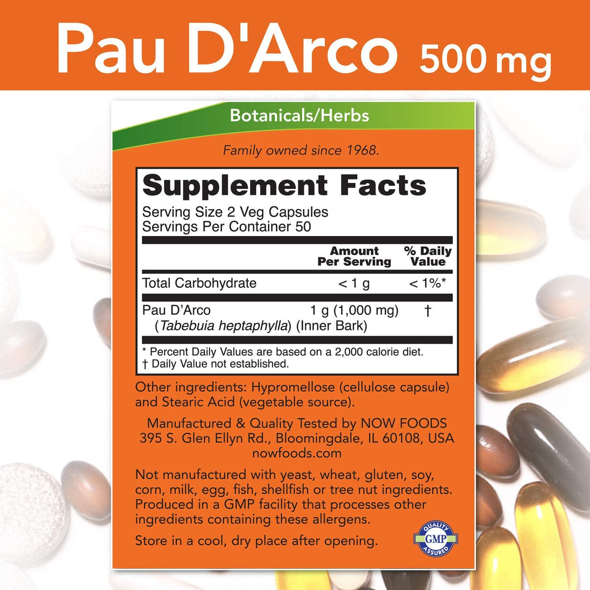 Pau D'Arco (Tabebuia heptaphylla) 500 mg, Herbal Support, 100 Veg Capsules