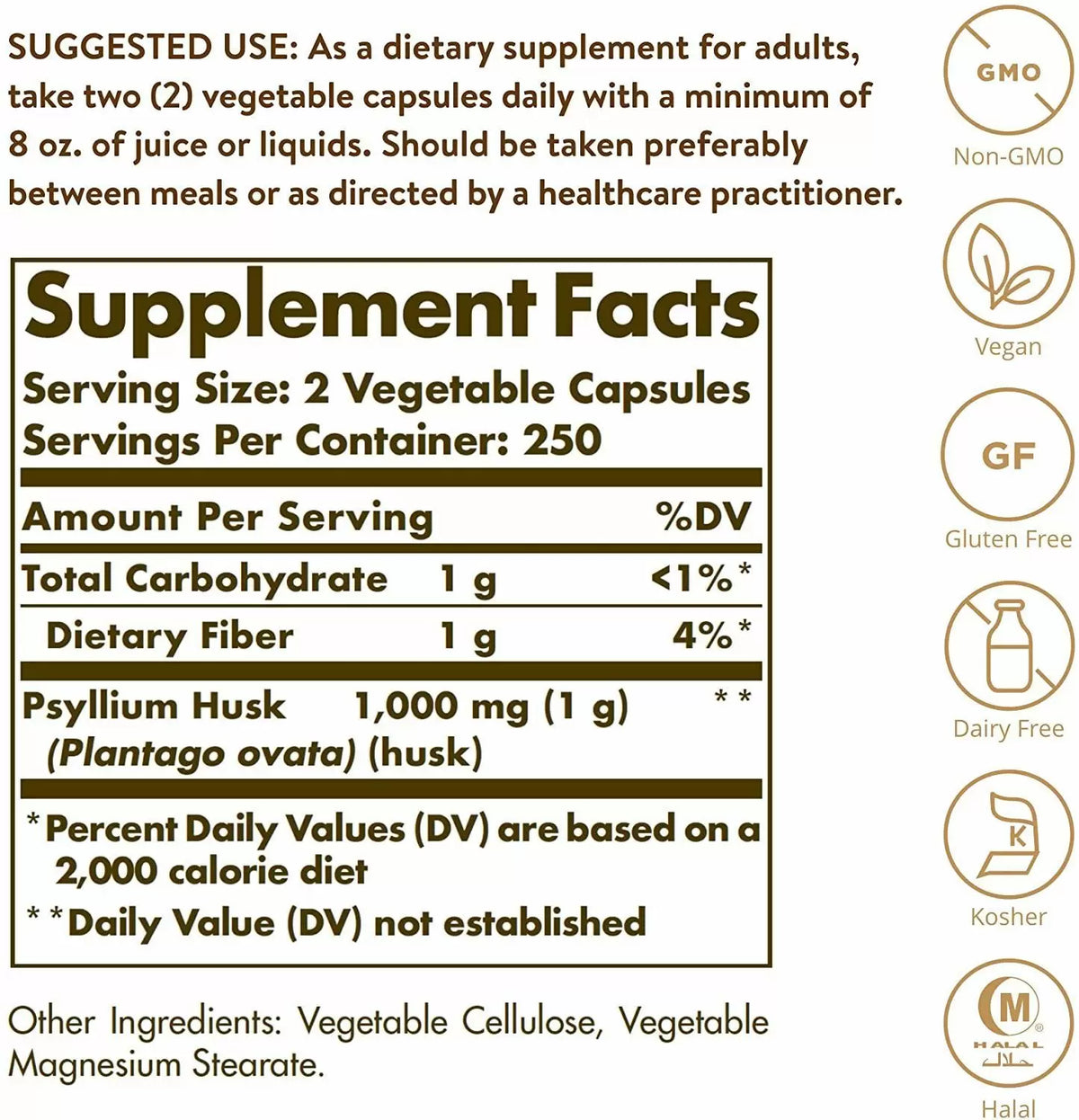 Psyllium Husks Fiber, 500 mg, 500 Vegetable Capsules