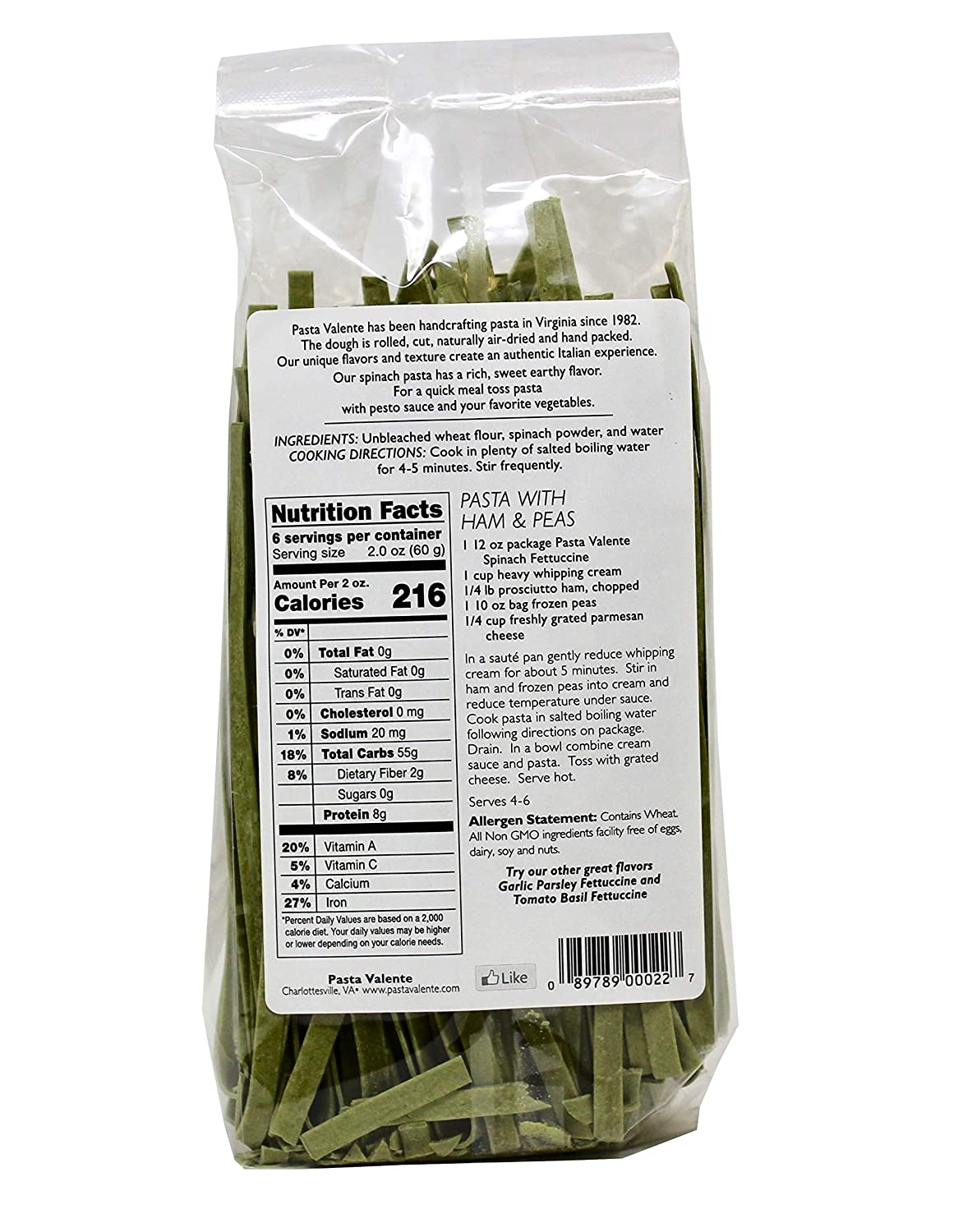 Valence Naturally Plant Based Pasta Spinach Fettuccine 12oz 340g