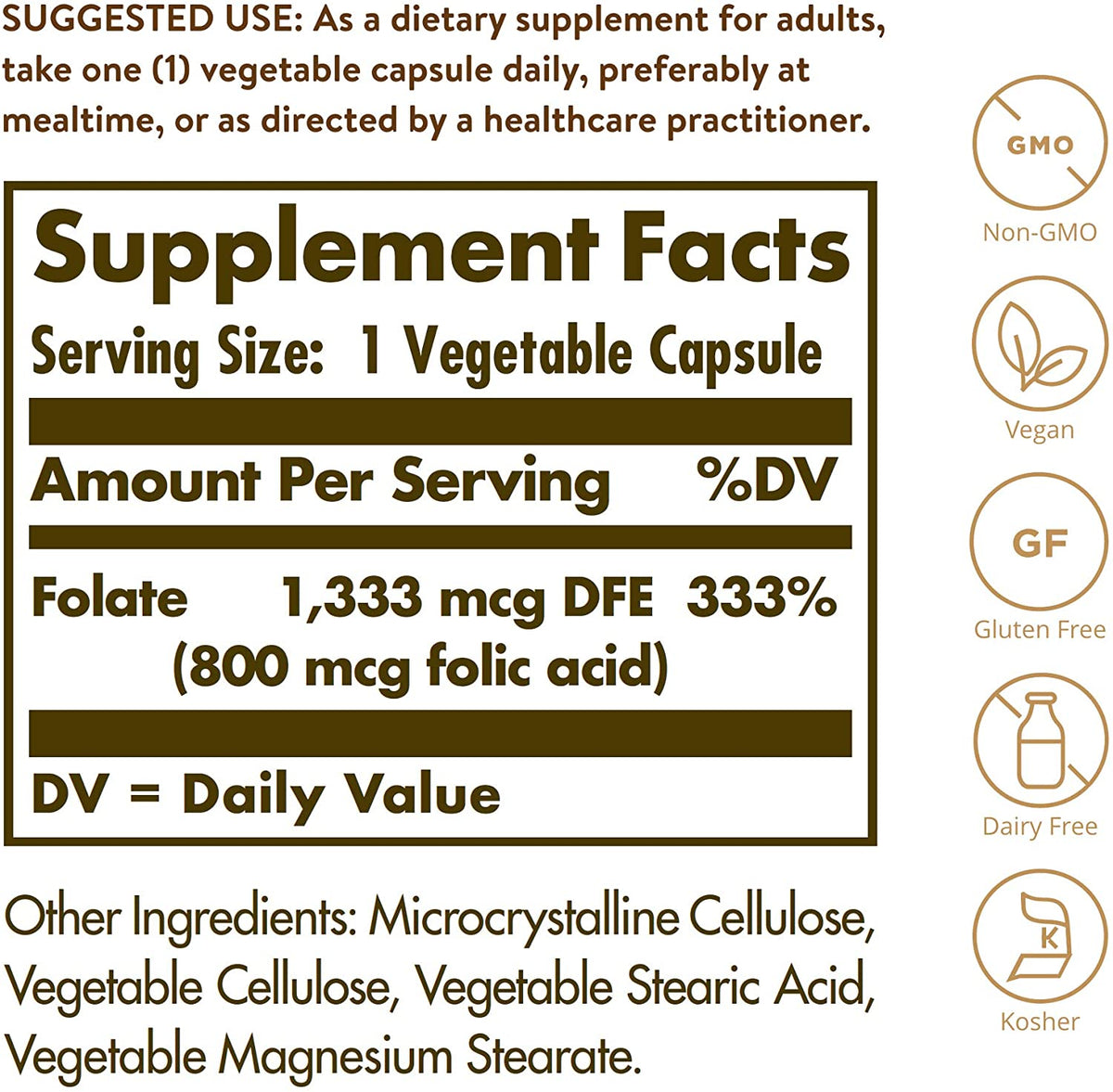 Folate 1,333 mcg Dietary Folate Equivalent (800 mcg Folic Acid), 100 Vegetable Capsules