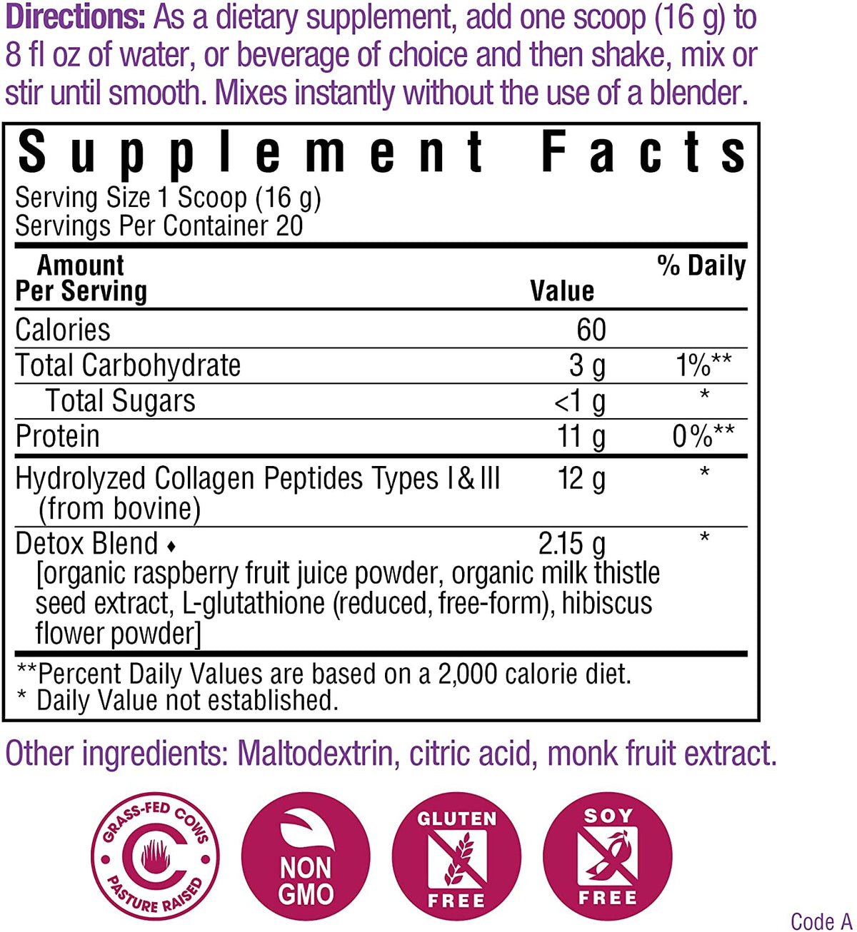 Collagen Refreshers Detox Powder, 11.29 oz, 20 Servings, Hibiscus Berry Flavor