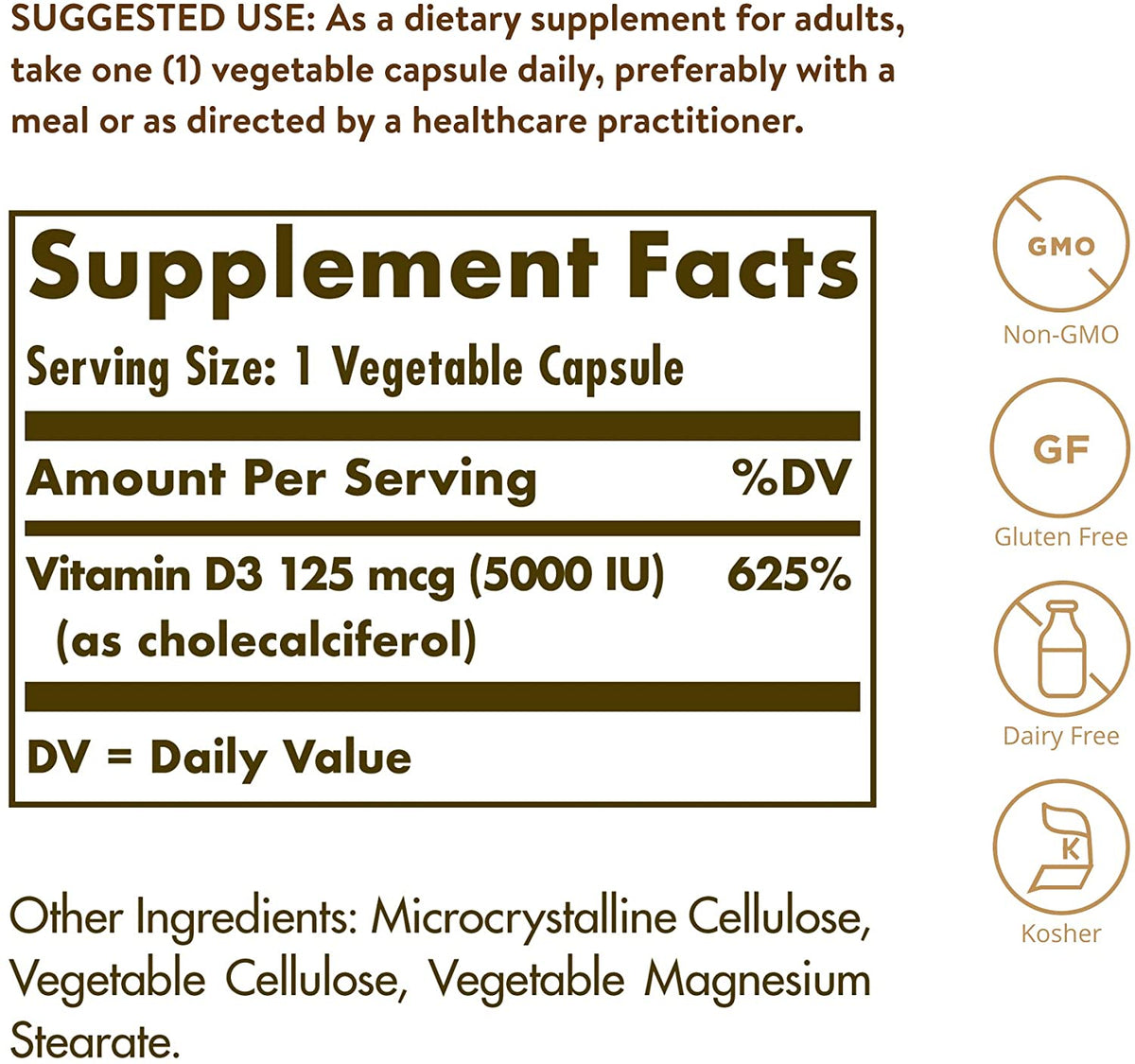Vitamin D3 (Cholecalciferol) 125 mcg (5000 IU), 60 Vegetable Capsules