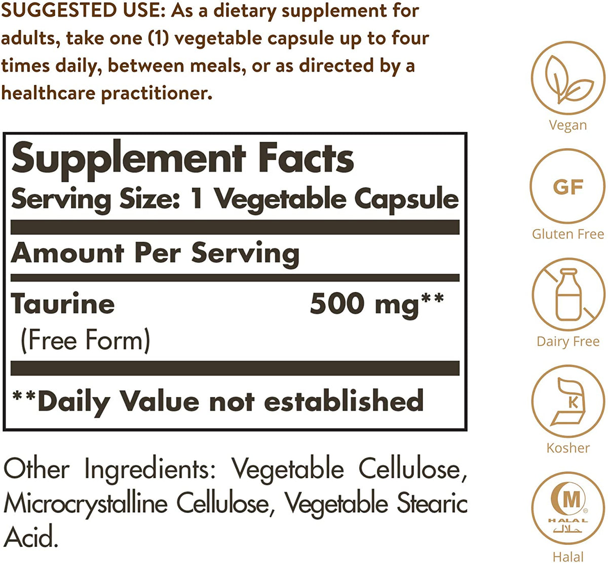 Taurine, 500 mg, 100 Vegetable Capsules